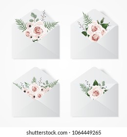 Set opened envelope with flowers. Illustration with white envelopes and flowers.