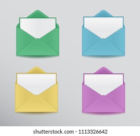 A set of opened envelopes with blank isolated on white background.