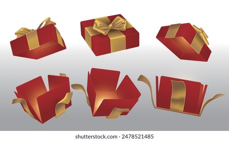 A set of opened red surprise boxes tied with gold ribbons