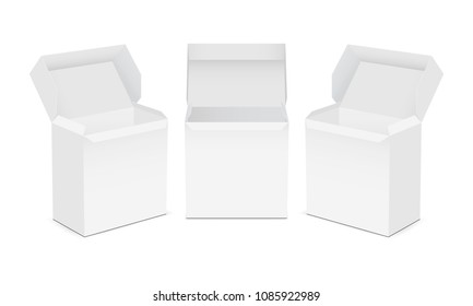 Set of opened tea boxes mockups - front and half side views. Vector illustration