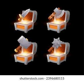 Conjunto de cofres abiertos de madera con diferentes armas de estilo plano, ilustración vectorial aislada en fondo negro. Elementos de diseño decorativos para la colección de juegos, trofeo