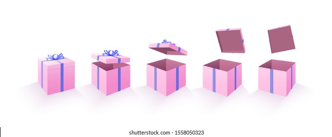 Set of opening boxes at different angles. Pink cardboard box. Surprise gift box. Collection realistic gift presents view top. mockup set.