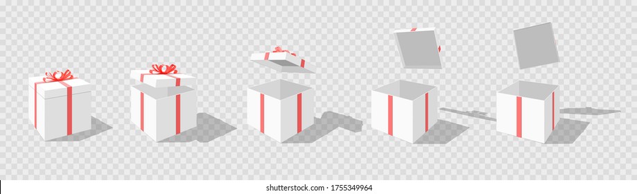 Set of opening boxes at different angles in perspective. Pink cardboard box. Surprise gift box. Carton gift boxes delivery packaging open and closed box with bows mockup set