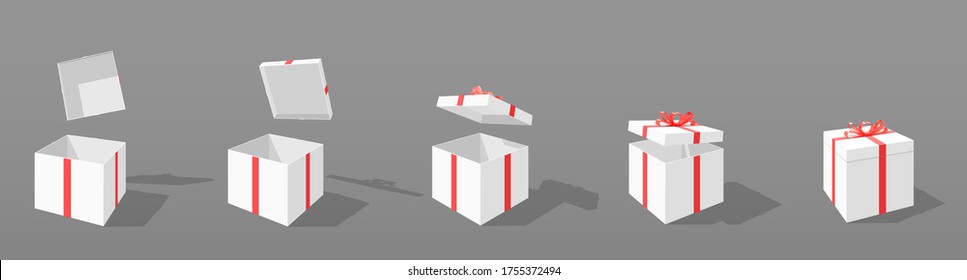 Set of opening boxes at different angles in perspective. Pink cardboard box. Surprise gift box. Carton gift boxes delivery packaging open and closed box with bows mockup set