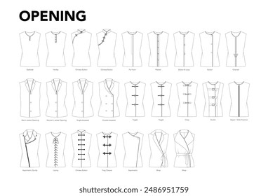 Conjunto de aberturas para tops, camisas, chaquetas, blusas, abrigos, vestidos estilos ilustración técnica de moda. Vista frontal de Plantilla de ropa plana. Mujeres, hombres unisex CAD mockup aislado en blanco