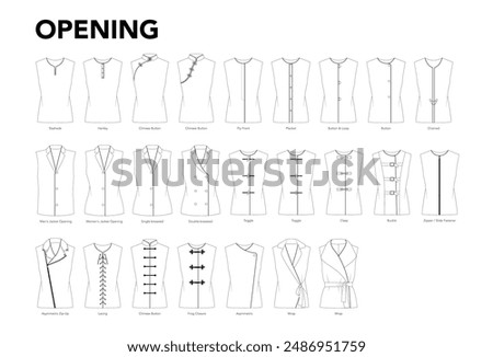 Set of openings for tops, shirts, jackets, blouses, coats, dresses styles technical fashion illustration. Flat apparel template front view. Women, men unisex CAD mockup isolated on white