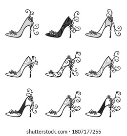 Set of openwork black and white high heels shoes with flowers and swirls on a white background. Vector decorative elements for fashion design, packaging, wrapper, shoe store, shoe factory and print