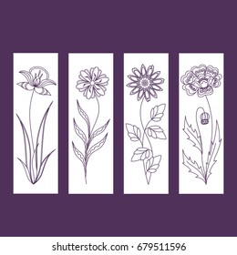 Set of openwork bookmarks. Hand draw sketch. Fantasy flowers zendoodle. Stylized narcissus, lily, chamomile, poppy. Stencil design. Laser decoration template for greeting cards. Vector illustration.