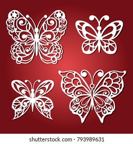 Set openwork butterflies. Decorative butterfly for laser cutting. Vector illustration.