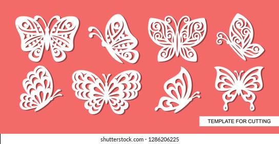 Set of openwork butterflies. Template for laser cut, wood carving, paper cutting and printing. Vector illustration.