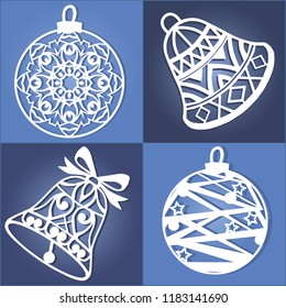 Set of openwork Christmas decorations. Laser cut paper christmas bell . Christmas decorations for wood carving, paper cutting.