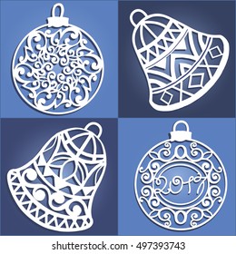 Set of openwork Christmas decorations. Laser cut paper christmas bell . Christmas decorations for wood carving, paper cutting.
