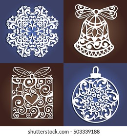 Set of openwork Christmas decorations. Laser cutting template. Christmas gift for wood carving, paper cutting and christmas decorations.