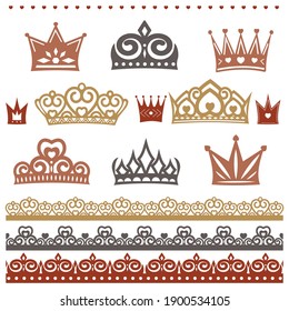 set of openwork colored crowns and borders, color isolated vector illustration in flat style, icon, design, decoration, logo