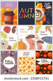 Set of openwork in different colors. Minimalistic postcards, bright, light. postcard with hot coffee and autumn leaves. Design with mushrooms and pumpkin