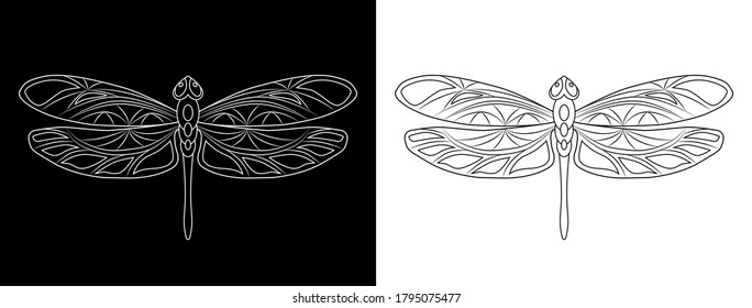 Set with openwork dragonfly icons. Black-white vector illustration. Isolated outline elements on a background. Simple style. Creative concept for the decoration design of logos, printed, covers, webs.