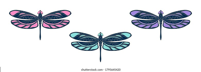 Set with openwork dragonfly icons. Colorful vector illustration. Isolated bright element with a beige outline on a white background. Creative concept for the design of logos, printed, covers, labeled.