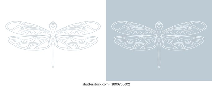 Set with openwork dragonfly icons. Grey-white vector illustration. Isolated outline elements on a background. Simple style. Creative concept for the decoration design of logos, printed, covers, webs.