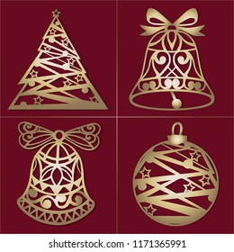 Set of openwork Gold Christmas decorations. Laser cut paper christmas bell, Christmas tree, toy.  Vector illustration.