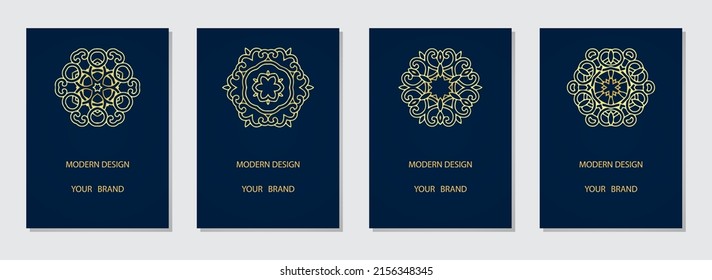 Set of openwork gold logos, vertical templates. Collection of blue backgrounds for emblem, monogram, invitation, flyer, menu, background. Ethnostyle of the East, Asia, India, Mexico, Aztecs, Peru.