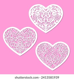 Set of openwork hearts. Template for laser cutting from paper. cardboard, wood, metal. For the design of stencils, cards and interior decorations for weddings and Valentine's Day. Christmas decoration