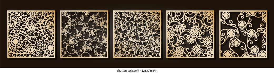 Set of openwork panels for laser cutting. Carved decorative element for interior design, room partition, screen, privacy panel.