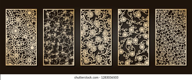 Set of openwork panels for laser cutting. Carved decorative element for interior design, room partition, screen, privacy panel.