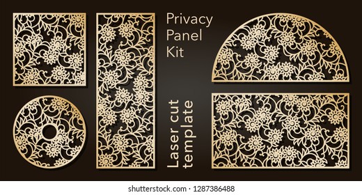 Conjunto de paneles de apertura para corte láser. Elementos decorativos esculpidos para el diseño interior, partición de la habitación, pantalla, panel de privacidad.
