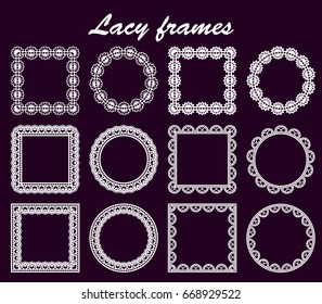 Set of openwork round and square borders paper doily under the cake, template for cutting, wedding invitation, decorative plate is laser cut, frame with lace edge. Vector illustration