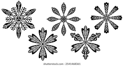 Set Openwork snowflakes in linocut style, lace folk motifs Scandinavian style, vector isolated element	
