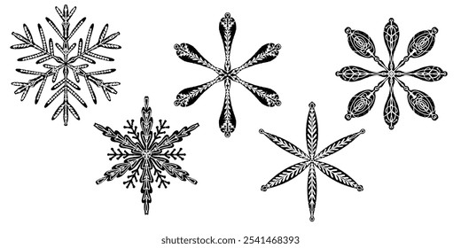 Set Openwork snowflakes in linocut style, lace folk motifs Scandinavian style, vector isolated element	
