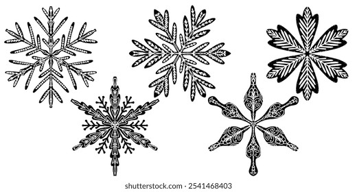 Definir flocos de neve Openwork no estilo linocut, motivos folclóricos rendas estilo escandinavo, vetor elemento isolado	
