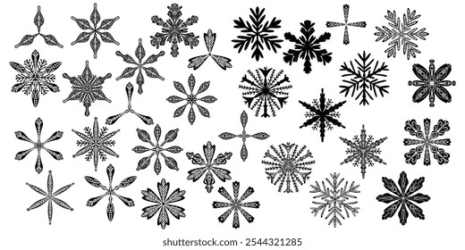 Set Openwork snowflakes in linocut style, lace folk motifs Scandinavian style, vector isolated element	
