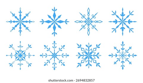 Set openwork snowflakes on white background. Icon set. Symbol cold or frost. Holiday element.