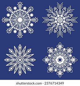 Set of openwork snowflakes. Template for laser cutting from paper, wood, cardboard, metal. For the design of Christmas and New Year cards, Christmas tree decorations, stickers, interior elements, etc.