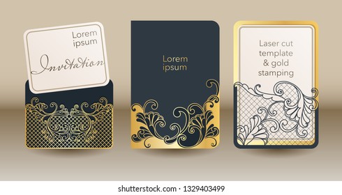 A set of openwork templates for laser cutting and engraving. Wedding invitation mock up cover, envelope, pocket for cards, greeting cards, invitations, menus.