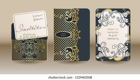 A set of openwork templates for laser cutting and engraving. Wedding invitation mock up cover, envelope, pocket for cards, greeting cards, invitations, menus.