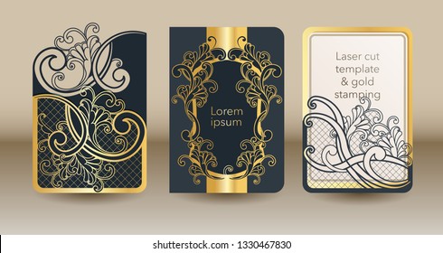 A set of openwork templates for laser cutting and engraving. Wedding invitation mock up cover, envelope, pocket for cards, greeting cards, invitations, menus.