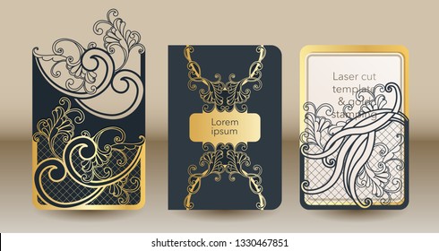 A set of openwork templates for laser cutting and engraving. Wedding invitation mock up cover, envelope, pocket for cards, greeting cards, invitations, menus.