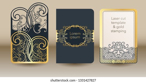A set of openwork templates for laser cutting and engraving. Wedding invitation mock up cover, envelope, pocket for cards, greeting cards, invitations, menus.