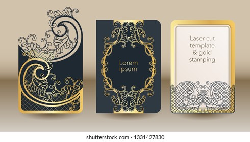 A set of openwork templates for laser cutting and engraving. Wedding invitation mock up cover, envelope, pocket for cards, greeting cards, invitations, menus.