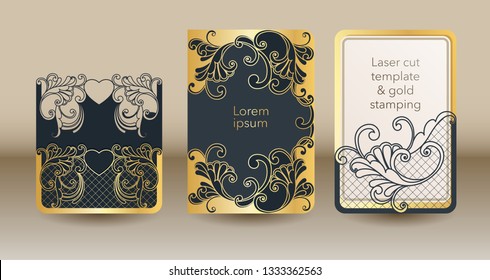 A set of openwork templates for laser cutting and engraving. Wedding invitation mock up cover, envelope, pocket for cards, greeting cards, invitations, menus.