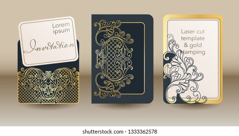 A set of openwork templates for laser cutting and engraving. Wedding invitation mock up cover, envelope, pocket for cards, greeting cards, invitations, menus.