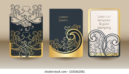 A set of openwork templates for laser cutting and engraving. Wedding invitation mock up cover, envelope, pocket for cards, greeting cards, invitations, menus.