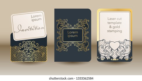 A set of openwork templates for laser cutting and engraving. Wedding invitation mock up cover, envelope, pocket for cards, greeting cards, invitations, menus.