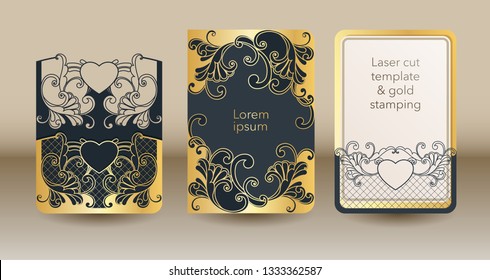 A set of openwork templates for laser cutting and engraving. Wedding invitation mock up cover, envelope, pocket for cards, greeting cards, invitations, menus.