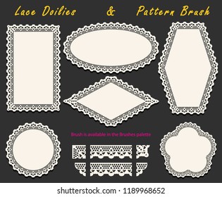 Set of Openwork White Lace pattern brush and various lacy napkins, doilies and tracery elements. Vector illustration.