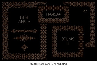 Conjunto de marcos dorados lineales calados. Formatos estándars letra ANSI A, A4 y cuadrado. Marco de encaje elegante neoclásico y Elementos decorativos florecientes sobre fondo negro. Línea editable, fácil de cambiar el grosor