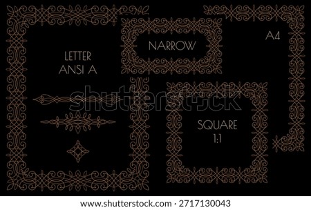 Set of openwork wide linear golden frames. Standard formats letter ANSI A, A4 and square. Neoclassic elegant lace frame and decorative flourish elements on black background. Editable line, easy to change thickness