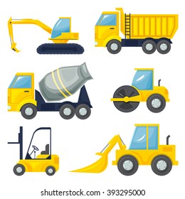 Set  of operating machinery, heavy vehicles, vector illustration